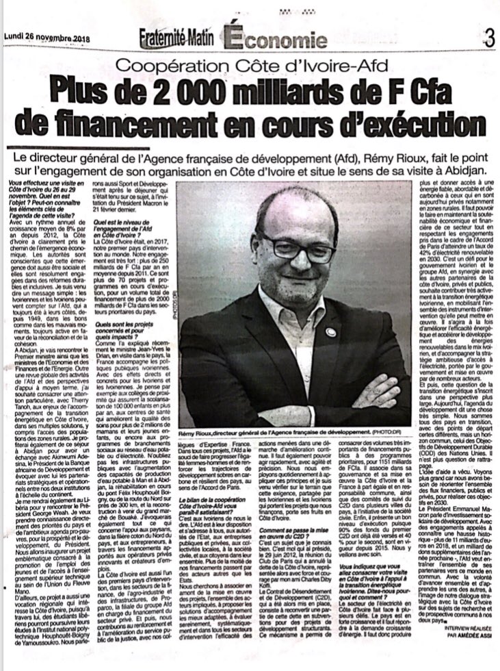 Lu dans <a href="/fratmat/">Fraternité Matin</a>. <a href="/RiouxRemy/">Rémy Rioux</a>, DG de l’<a href="/AFD_France/">Agence Française de #Développement (AFD) 🇫🇷 🇪🇺</a>, à quelques heures de sa visite à #Abidjan et #Monrovia, fait le point sur l’engagement de l’AFD en #CotedIvoire :  « depuis 2011, 70 programmes et projets financés, 3,2 Mds € engagés, 9 secteurs d'intervention » #MondeEnCommun