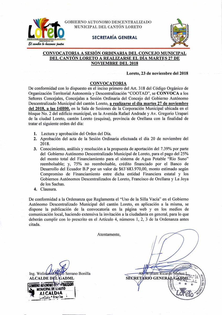 #CONVOCATORIA
  Se realiza la convocatoria a Sesión Ordinaria del Concejo Municipal del  Cantón Loreto a realizarse el día martes 27 de noviembre del 2018.
 Más detalles.