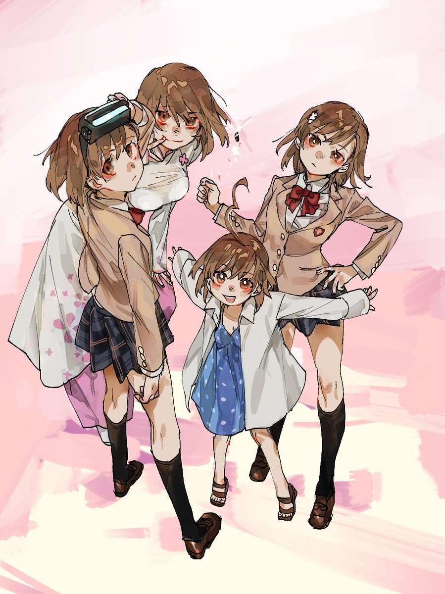 last order (toaru majutsu no index) ,misaka imouto ,misaka mikoto tokiwadai school uniform polka dot dress multiple girls dress brown hair 4girls blue dress  illustration images