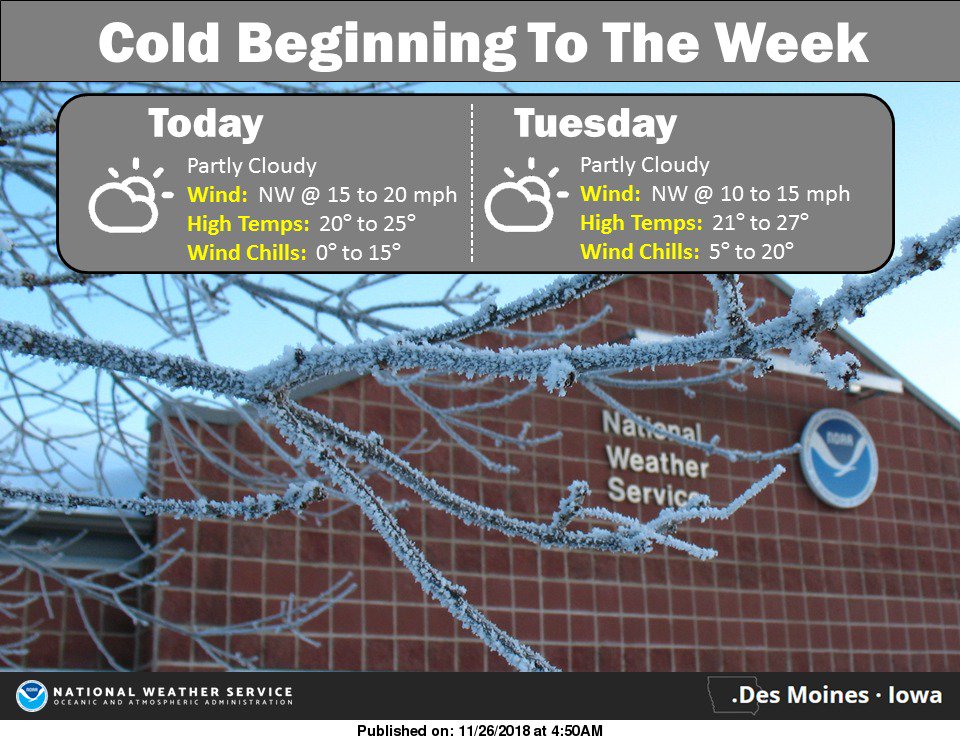NWSDesMoines's tweet photo. It's gonna be cold for a few days - be sure to bundle up! #IowaWeather #IowaCold https://t.co/r74t1O5aHg