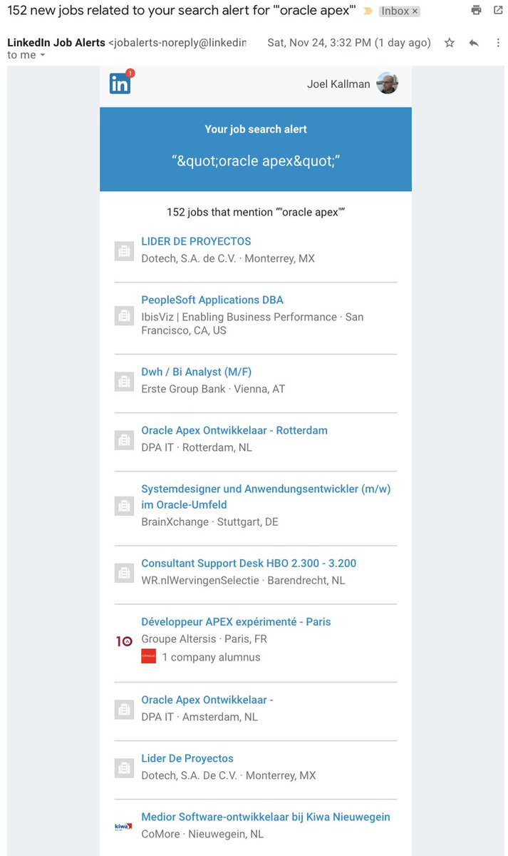 joelkallman's tweet photo. The @OracleAPEX market is vibrant and continuing to grow.  In the past week on @LinkedIn, 152 *NEW* jobs for APEX talent.

Interested in APEX?  Learn more:  https://t.co/2MIK92RZzR

#orclapex https://t.co/nZcIUVJmRj