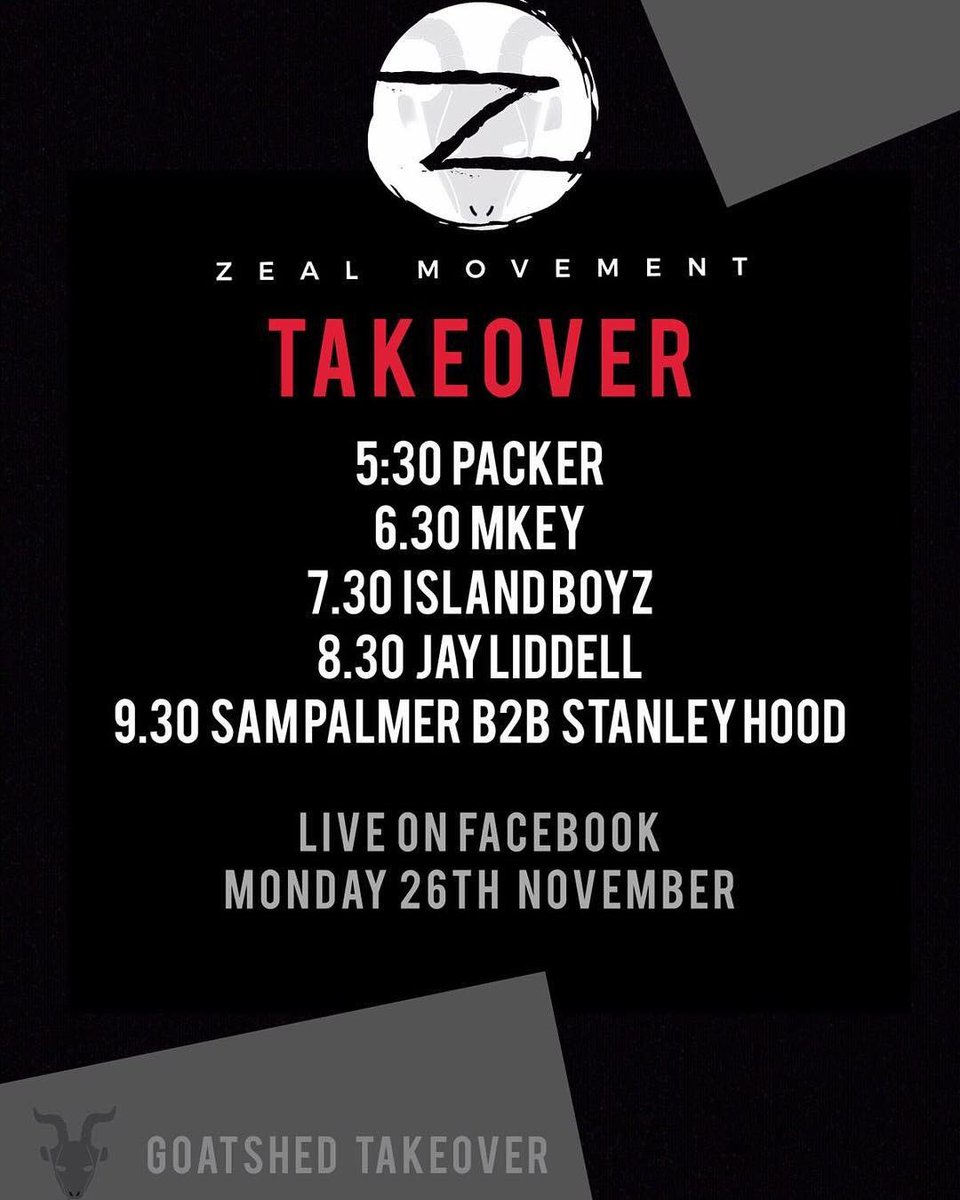 Callum_James94's tweet image. Watch the team perform as we take over Goat Shed for the movement of Zeal !!

Lock in from 5:30pm-11pm for a marathon in house, techno and disco! 

#FeelTheZeal