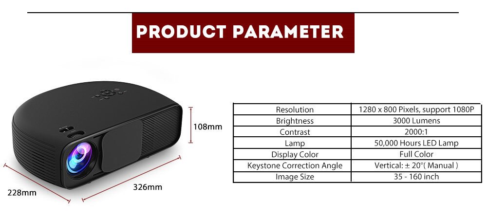 Home theater projector:1280*800 Pixels,3000 Lumens,2000:1 Contrast,50,000 Hours LED Lamp,Image Size:35-160"