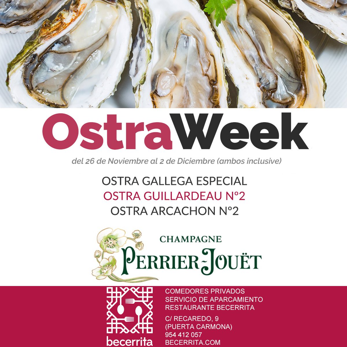 Rbecerrita's tweet photo. 🔴Semana de la Ostra en Restaurante Becerrita. Del 26 de Noviembre al 2 de Diciembre (ambos inclusive) ¡Os esperamos! 🤗 https://t.co/KY49eOzwMe
#Becerrita #RestauranteBecerrita #Sevilla #restaurante #SiemprePorAgradar #ostras #OstraWeek https://t.co/gHSQWcXUYR