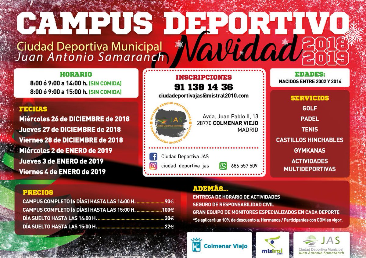 Aseyacovi's tweet photo. ¿Buscas planes para los más pequeños durante la #Navidad? 🎄 Pues Ciudad Deportiva JAS de #ColmenarViejo te propone un campus infantil, donde los niños podrán participar en actividades #multideportivas como el golf, padel, tenis, gymkanas o castillos hinchables. 🏌️♂️🎾 https://t.co/xcsyaqzKYX