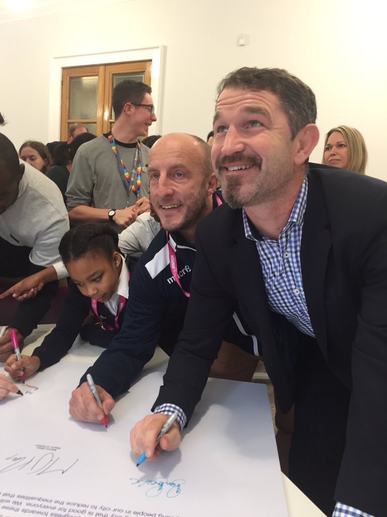 AdamTutton's tweet photo. My favourite photo from last week. Bristol’s sports clubs  coming together for the City’s children #bristolchildrenscharter  so happy to sign this on behalf of @BristolRoversCT and @BristolRoversCT alongside @breeze_ben @BSFound @BristolCity @helengt76 @MarvinJRees  #bristol https://t.co/hbnNhgjIfR