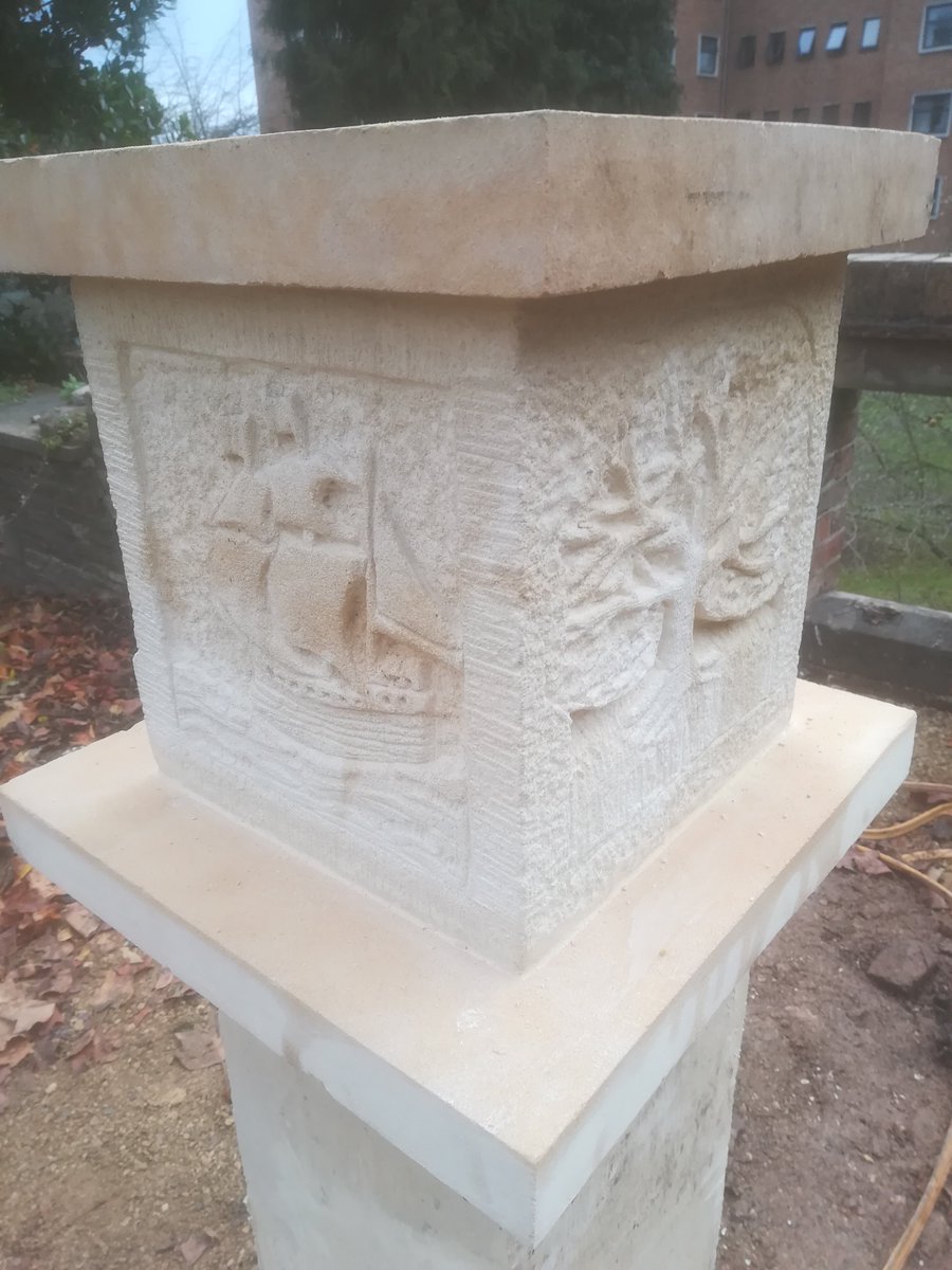 A magnificent carved pedestal in Clifton Hill House Garden. Each facade represents a different connection to this site; Isaac Ware, the Architect (1704 -1766), flowers in the garden, the ship represents the port of Bristol and the tree represents the timespan. Great carving!