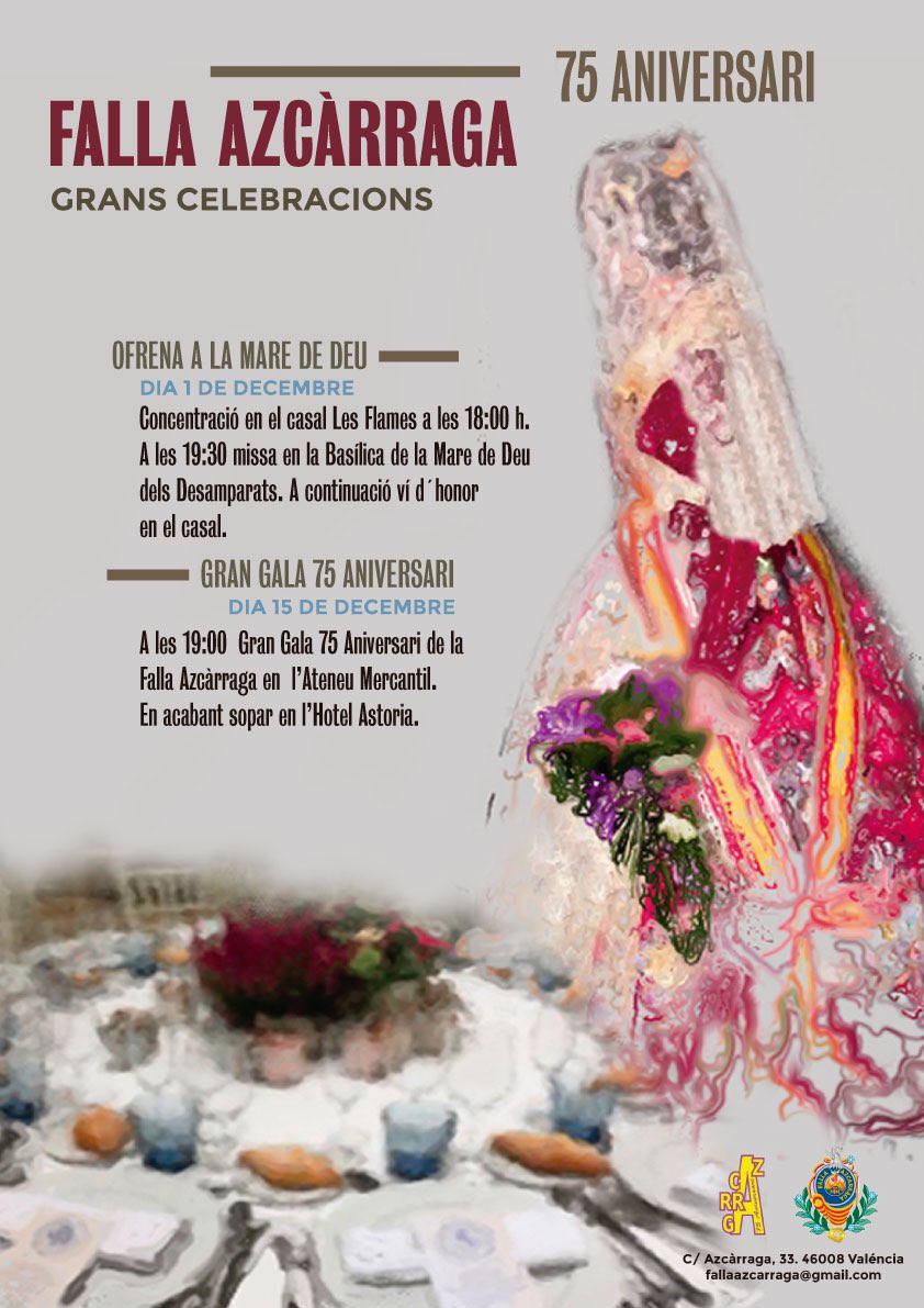 Totes les Falleres Majors, components de les Corts d'Honor de les FFMM de Valéncia i Presidents que han segut de la Falla Azcàrraga encapçalaran l'Ofrena extraordinària a la Mare de Deu dels Desamparats. Concentració en el Casal a les 18:00 hores del 01 de decembre 2018.