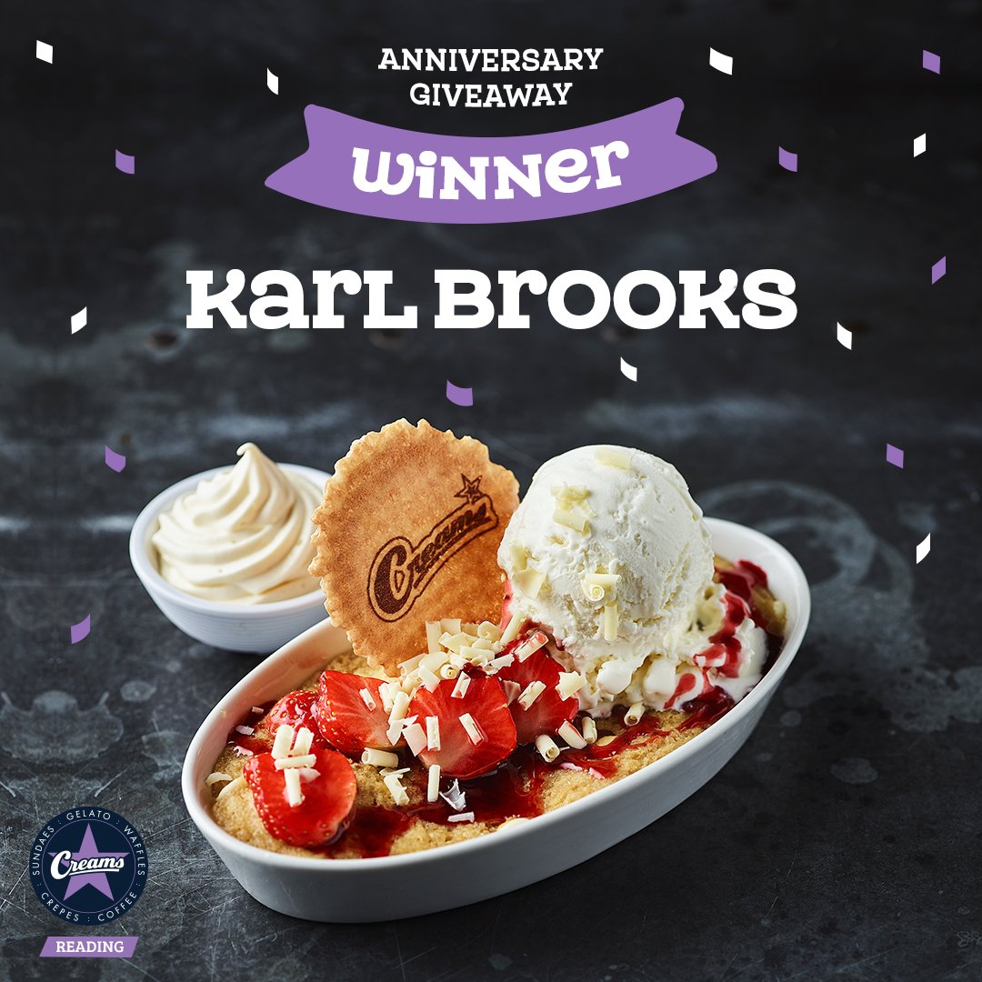 CreamsReading's tweet photo. And so, we have a third winner for our anniversary competition. Sadly, the desserts have moved to the next winner due to no contact by previous two winners. 
Karl Brooks well done! Congratulations on winning a free meal for two! Please private message us for details. https://t.co/L6luBtWFKw