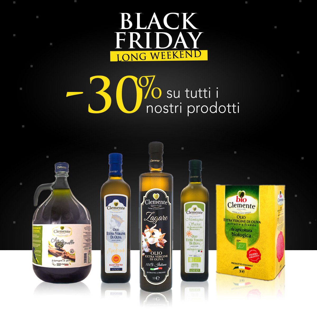 olioclemente's tweet photo. Altro
💛🖤 Finalmente BLACK FRIDAY 🖤💛
-
Fino al 26 Novembre potrai acquistare tutti i nostri prodotti con uno SCONTO SPECIALE del 30%.Trasporto gratuito in tutta Italia 🇮🇹🚛

FATTI UNA SCORTA 📦 👉🛒 https://t.co/pIcHwm7yRF 
#olioclemente #blackfriday #blackfridaylongweekend https://t.co/3uLNN1fciN
