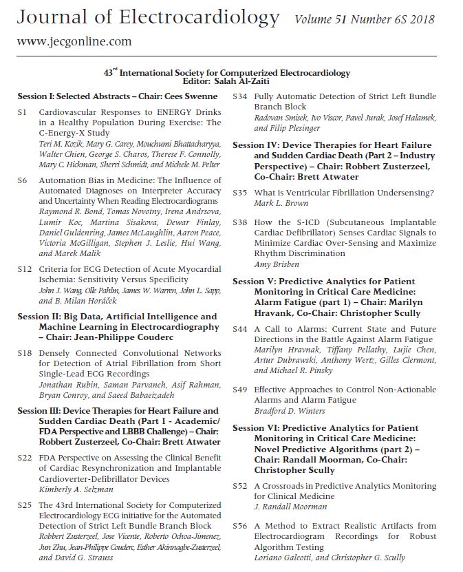 JElectrocardiol's tweet photo. Volume 51, Issue 6S, Nov/Dec 2018: #Contents at a glance. #ISCE2018 #JECG https://t.co/Q3a2TmA31D