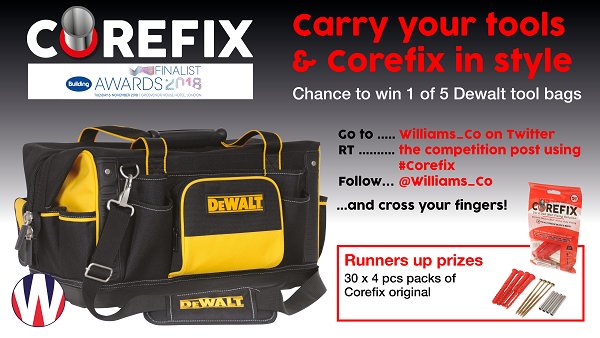 Williams_Co's tweet image. Carry your tools &amp;amp; Corefix in style! Be in with a chance of winning 1 of 5 @DEWALT_UK tool bags by just retweeting this post using #Corefix and follow us on @Williams_Co … and cross your fingers! 
Buy your Corefix here👉 ow.ly/mHoO30msr5H T’s and C’s apply. @MetexOnline
