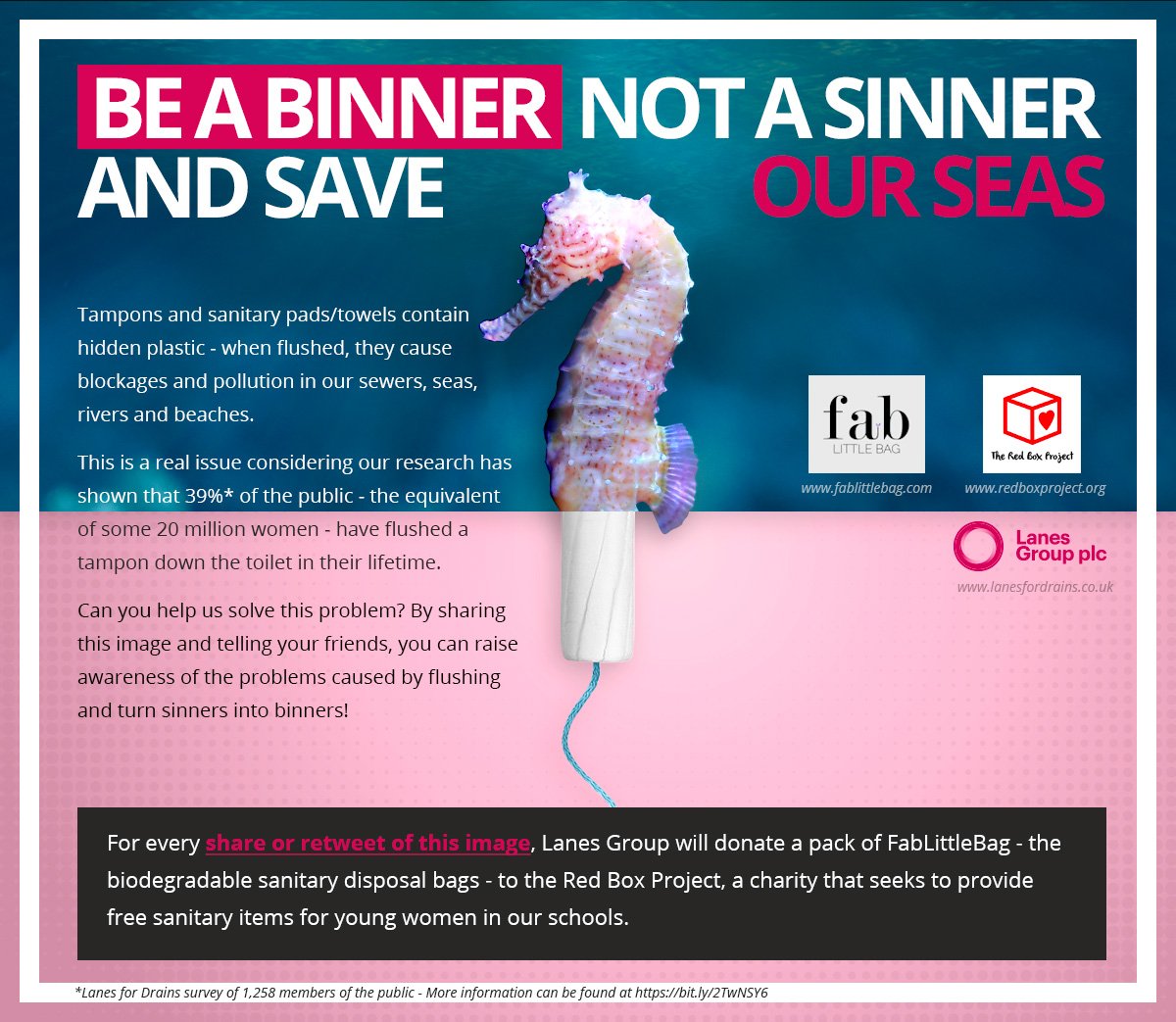 LanesForDrains's tweet image. RT to donate a @FabLittleBag tampon disposal pack to period poverty prevention charity @RedBoxProject!  

In just a few seconds you can help us educate the UK about the dangers of flushing tampons.

#sinnerorbinner #BinIt #PlasticFreePeriods #EndPeriodPlastic