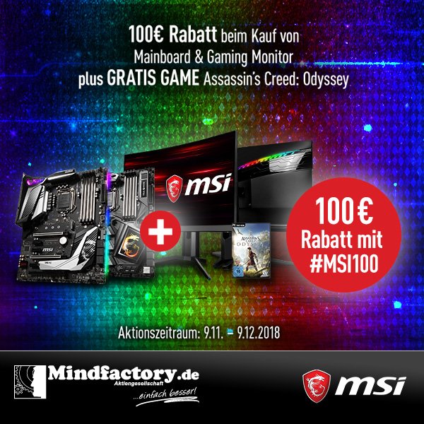 Mindfactory_de's tweet photo. Spart jetzt 100€ und erhaltet auch noch Assassin's Creed® Odyssey obendrauf! 😎
Mit den Aktionsprodukten von @msi_de und dem Aktionscode #MSI100 ist das tatsächlich möglich.
#MSI100 #Aktionscode #Mainboard #Monitor
https://t.co/ApLCNCESCo https://t.co/BmY3iPshLp
