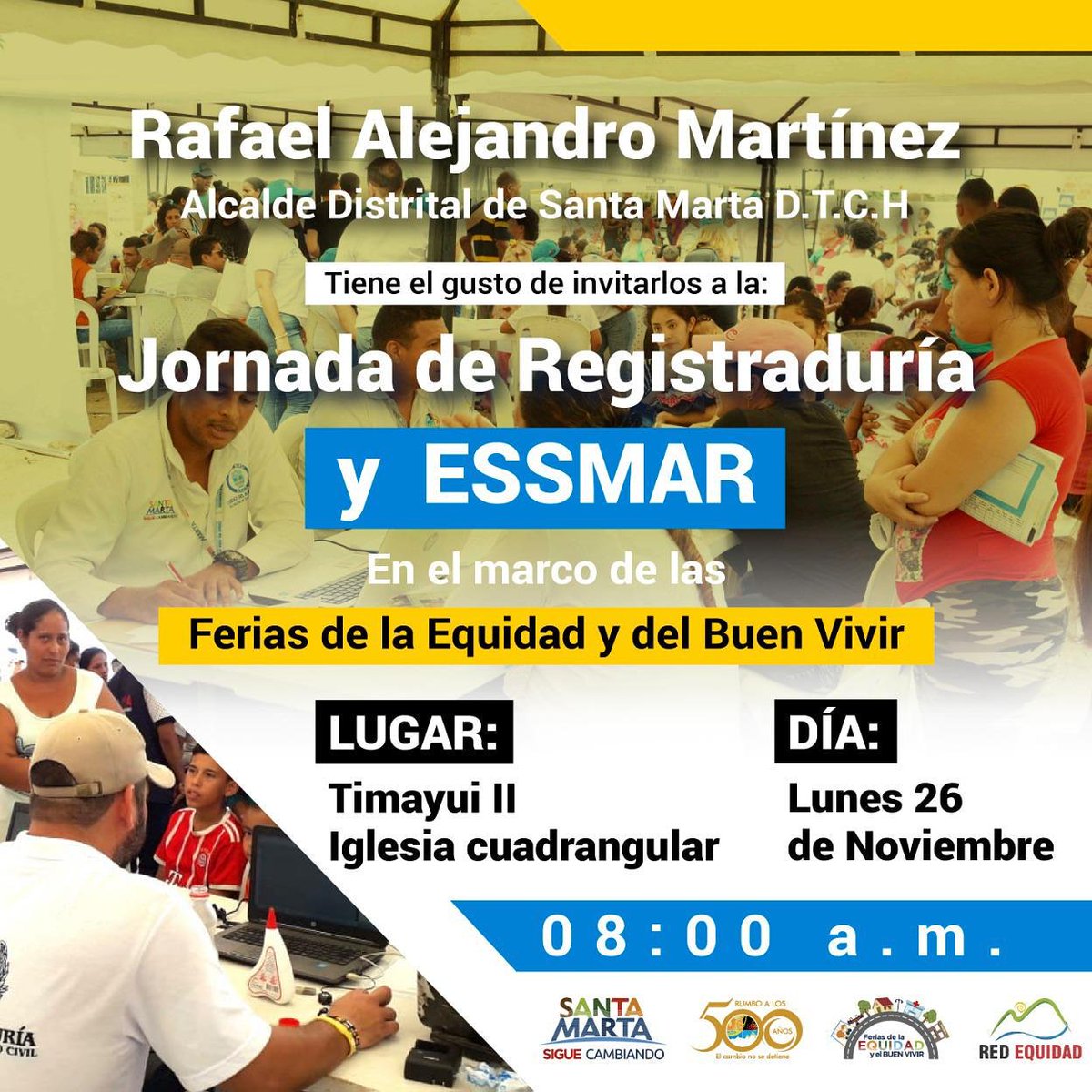 promsocialsmr's tweet photo. #FeriasDeLaEquidad2018
#FeriasDelBuenVivir
Jornada de Registraduría y Essmar
Fecha: lunes 26 de noviembre.
Hora: 8:00 AM
Lugar: #Timayui2 #iglesiacuadrangular .
@mrafael70 @ingrispadillag @santamartadtch #SecretaríaPsie https://t.co/oEUsGIXOol