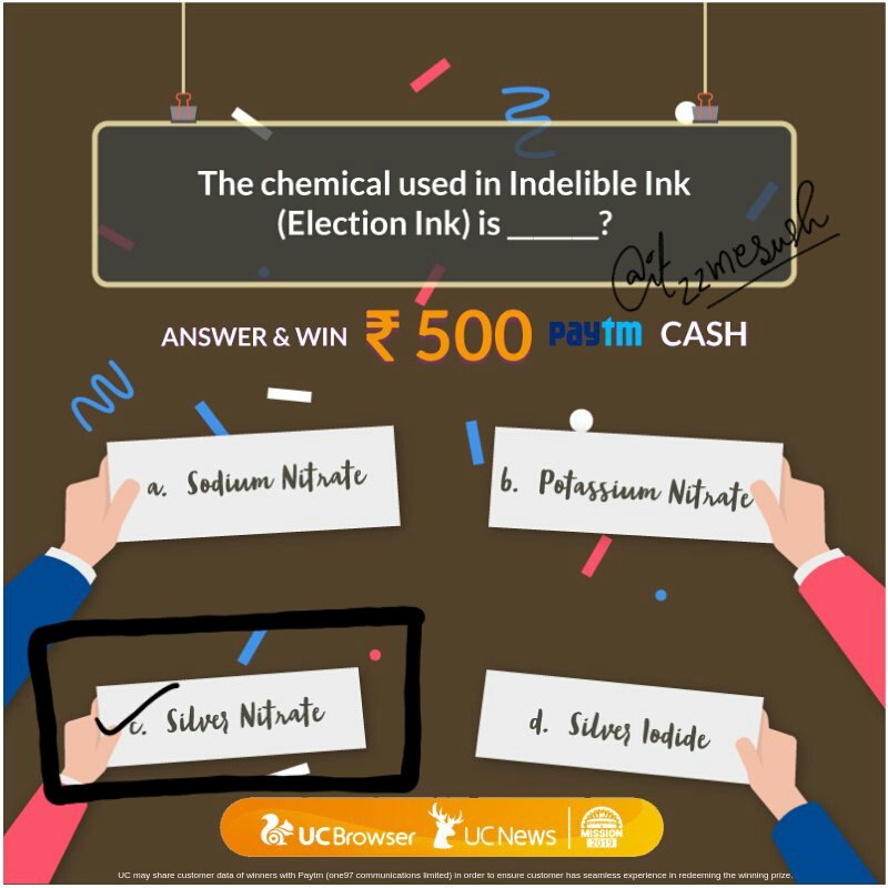 itssusmitaaa_'s tweet photo. @UCBrowser Answer โก c. Silver Nitrate
#UCElectionQuiz #UCMission2019
#Mission2019 @UCBrowser
Join in ๐๐
@divyakhanna97
@damn_o_cracy
@Miss_Moody7
@bookishnupur
@PratikSingh_
@rising_emperor
@Mehul_lm
@Linachick09
@rashmibapna1107
@thatsaffrongirl
@SunilDSouza619 https://t.co/xQ12iAh9md