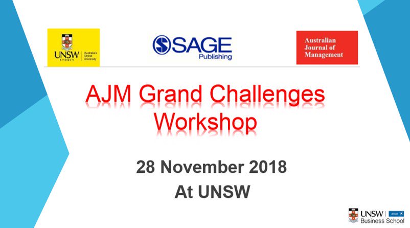 mlinnenluecke's tweet photo. Looking forward to our workshop on #GrandChallenges at @UNSWbusiness! Thanks to @AJM_SAGE for providing generous support for 3 up and coming researchers - the prizes couldn't have gone to anyone more deserving @L_Widyawati @uqbs @ManuelSiegrist @BondUniversity @AccChange https://t.co/VhOkt41gGH