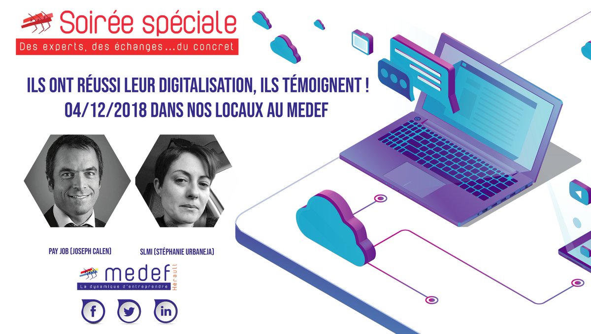 Medef34's tweet photo. N'oubliez pas de vous inscrire ! Ils ont réussi leur #digitalisation, ils témoignent ! Venez les rencontrer 👐🏻☑️ Joseph Calen, dirigeant de la société Groupe PAY JOB, ☑️ Stephanie URBANEJA, dirigeante de la société #SLMI 📥INSCRIPTION : info@medef-montpellier.com @Medef34 @medef https://t.co/hFdWgyNOnz
