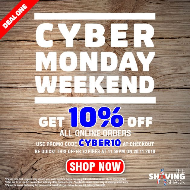 It's Cyber Monday and to celebrate we're offering you 10% off all online orders at shaving-shack.com . Just enter promo code CYBER10 at checkout. #shaving #wetshaving #CyberMonday #CyberMondayDeals