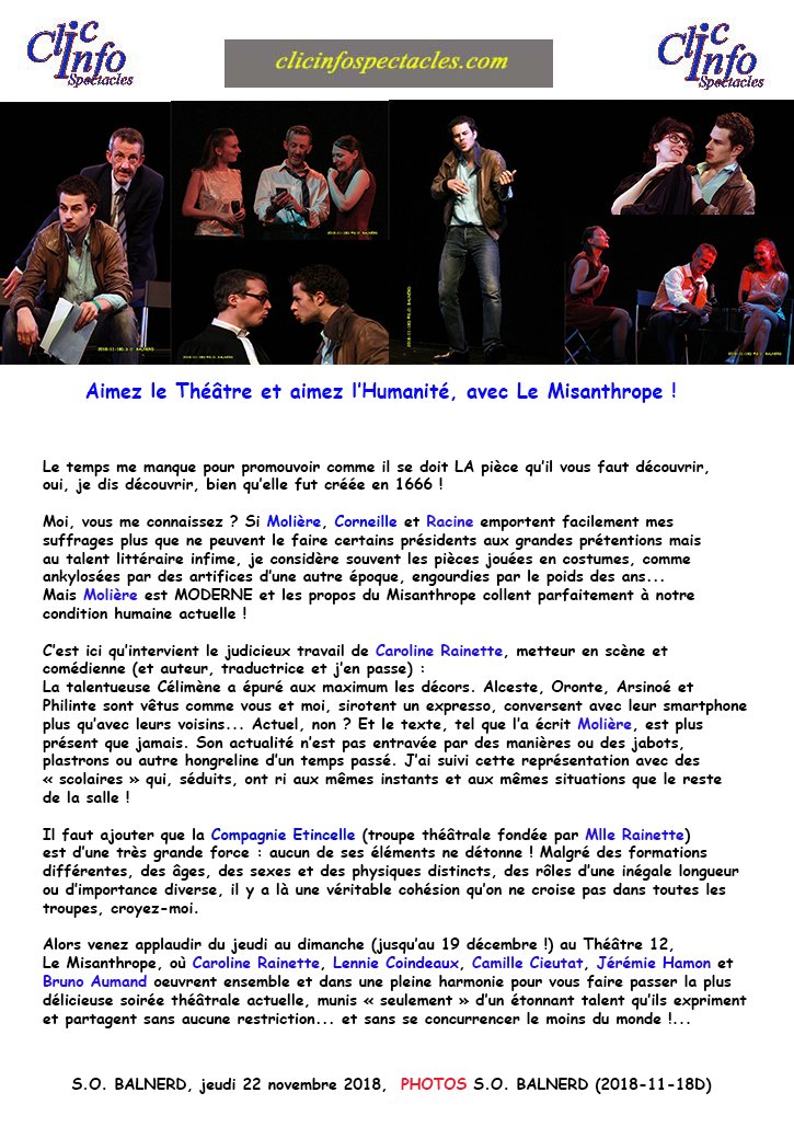 Etincelletroupe's tweet photo. Un nouvel article sur Clicinfospectacles 🤩
#Misanthrope #Molière #theatredouze #laliguedelenseignement
 #theatreaparis #théâtre #paristheatre #theatresparis #sortir #paris #sortieaparis  #theatreparisien #moliere #theatredouze #classique #actualité #theatreaparis #paristheatre https://t.co/YU0FH0eLGp