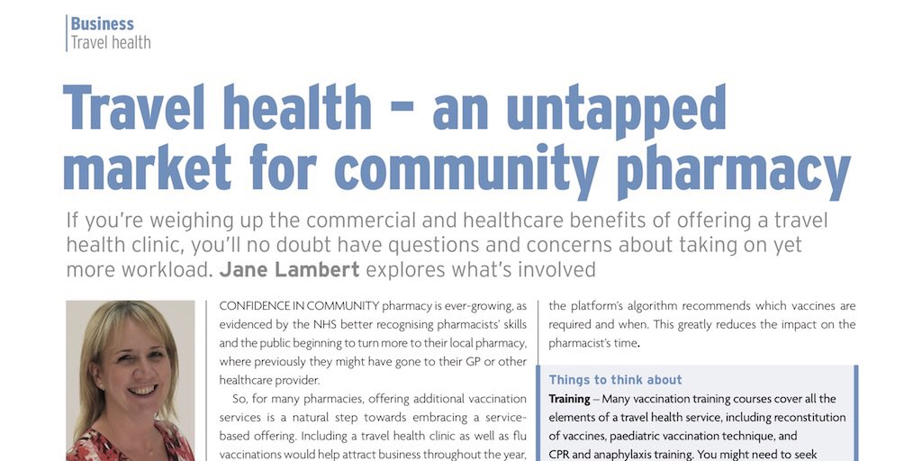 theGHS's tweet photo. ICYMI: If you are weighing up the benefits of offering a #travelhealth clinic in your #pharmacy, you’ll no doubt have questions &amp; concerns about taking on more workload. In #TodaysPharmacist mag, @JaneLambertECG explores what’s involved: https://t.co/kpuwOdJ9oq #CommunityPharmacy https://t.co/6q2EvkZiM5