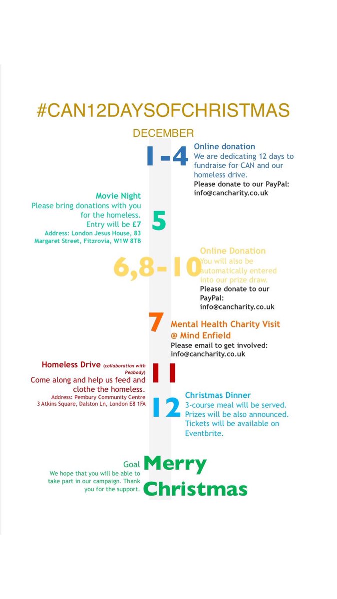 CANCharity1's tweet photo. This is the timeline for #Can12DaysOfChristmas please see where you can participate &amp; get involved ! 
•
•
#charitytuesday #charity #London #Christmas #homelessdrive #feedtheworld #Homeless #movienight #dinnertime https://t.co/nbOIAyt7zf