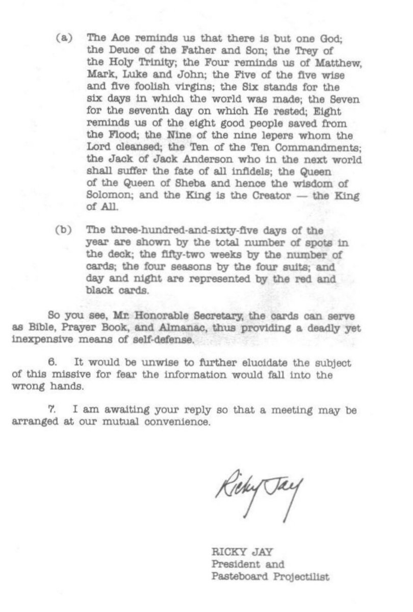 LettersOfNote's tweet photo. RIP Ricky Jay. His 1977 book, CARDS AS WEAPONS, begins with this letter addressed to the Secretary of Defense, The Pentagon... https://t.co/BdZ23LYZNe