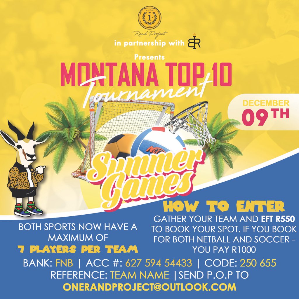 OneRandProject's tweet photo. To Clarify A Few Things 📌

• When You Enter A Netball &amp; Football Team You Pay R1000
• Please Use Your TEAM NAME as a Reference When Making EFT Payment 💸
• Netball Will Now Host 5 Players On The Pitch &amp; 7 Max. In Team 

#Top10SummerGames #9December https://t.co/4yJHAfwzY8