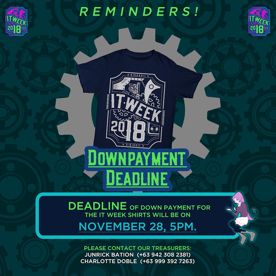 addu_cs's tweet photo. Attention chamies! The deadline for the #ITWeek2018 shirt will be on November 28 at 5 PM.
For further payments please contact:
Junrick Bation: +63 942 308 2381
Charlotte Doble: +63 999 392 7263 https://t.co/YzV49H5lDG