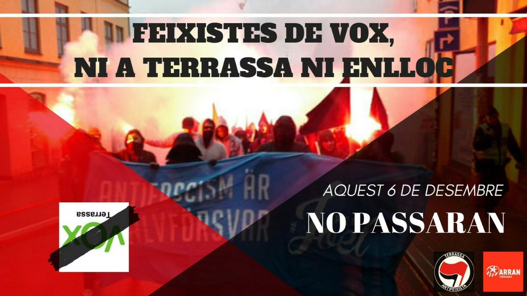 arranterrassa's tweet photo. ⚠️ ALERTA FEIXISTA⚠️

👉VOX Terrassa vol convocar el 6 de Desembre un acte davant de l'Ajuntament a les 18:00
👉Tot i que l'Aj. ha denegat el permís a VOX per fer-lo, és molt probable que aquests es presentin igualment

🔴 Atentes a les convocatòries del dia 6!

🔥NO PASSARAN 🔥 https://t.co/MFZ9yaGVw7