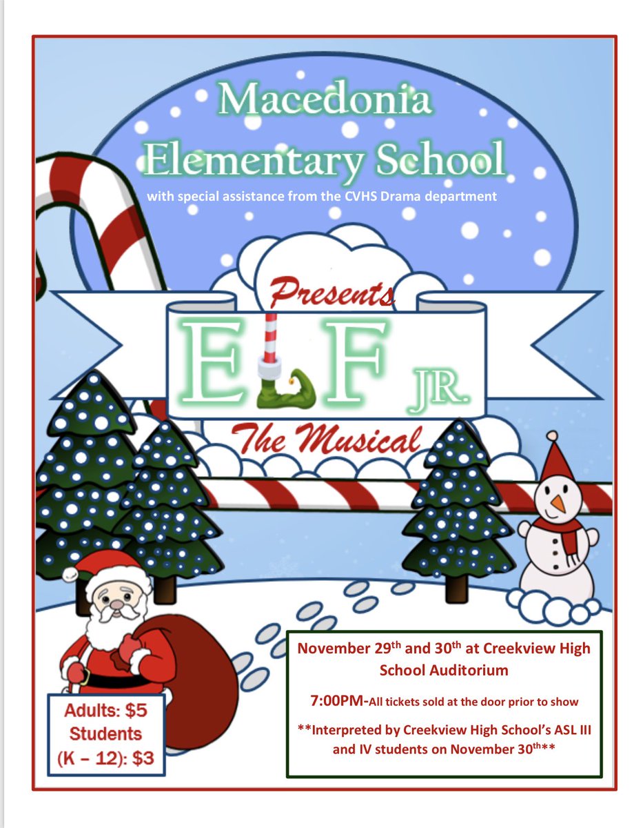 MacedoniaElem's tweet photo. Welcome back, Wildcats! Don’t miss Elf Jr. Thursday and Friday night! #1wildcatnation https://t.co/5aSeVbUi8q