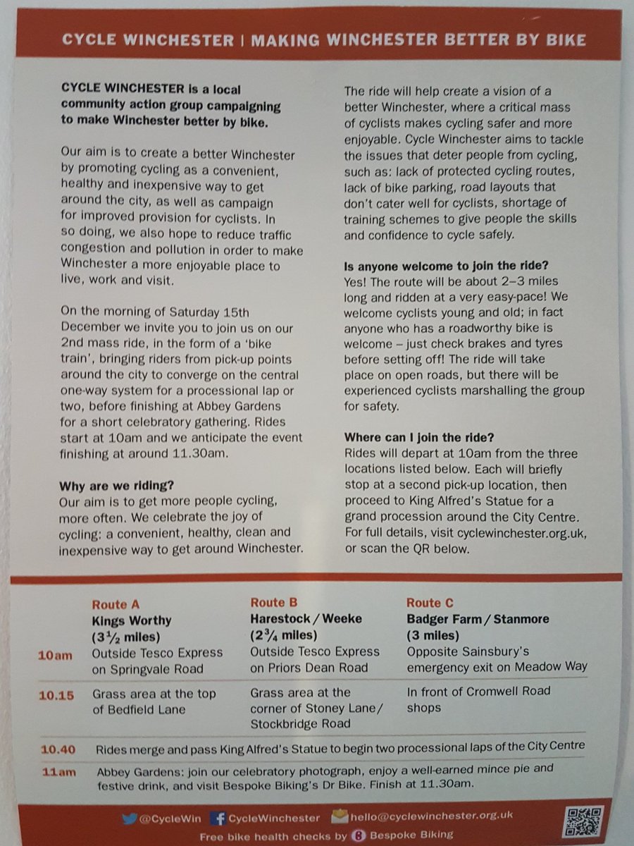 WinchesterEnv's tweet photo. Join the second #Winchester mass #cycle ride on 15th December with @CycleWin! 🚴♀️🚴♂️
Everyone with a roadworthy bike is welcome to come along and show that cycling is a cheap, healthy and eco-friendly way to get around town.
#cycling https://t.co/7HuHRhHecF