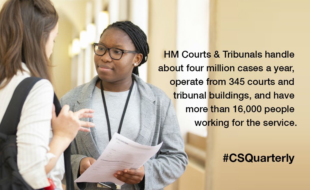 UKCivilService's tweet photo. Four million criminal, civil and family courts and tribunal cases are handled by @HMCTSgovuk every year. How are they delivering #justice in a #digital world? https://t.co/fQBl1IO622 #CSQuarterly https://t.co/fDczQ103hP
