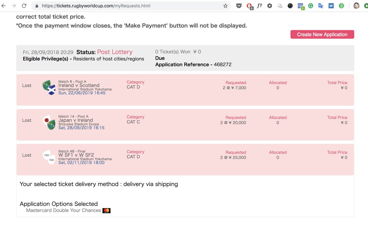 Ran out of luck for  #RWC2019 🇯🇵🇮🇪 ticket lottery. 🤞for next round of sale!