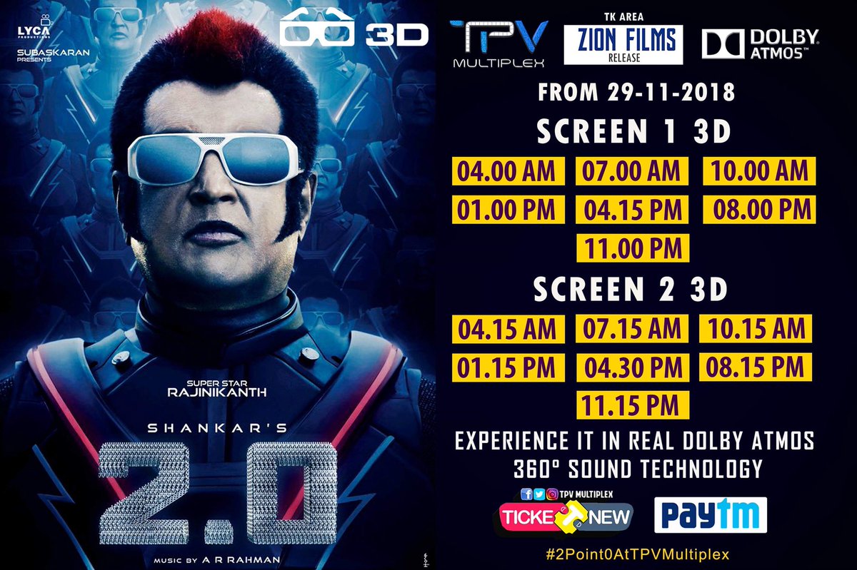citywritersoffl's tweet photo. Bookings open now for #MagnumOpus #2Point0๐ฅ
@TPVMultiplex is the best place to enjoy @shankarshanmughโs journey. 2.0 deserves only best in class audio & best in class screen which is only available at our @TPVMultiplex in #TKArea
#2Point0AtTPVMultiplex
#2Point0WithZionFilms https://t.co/YwLE1FAeKa