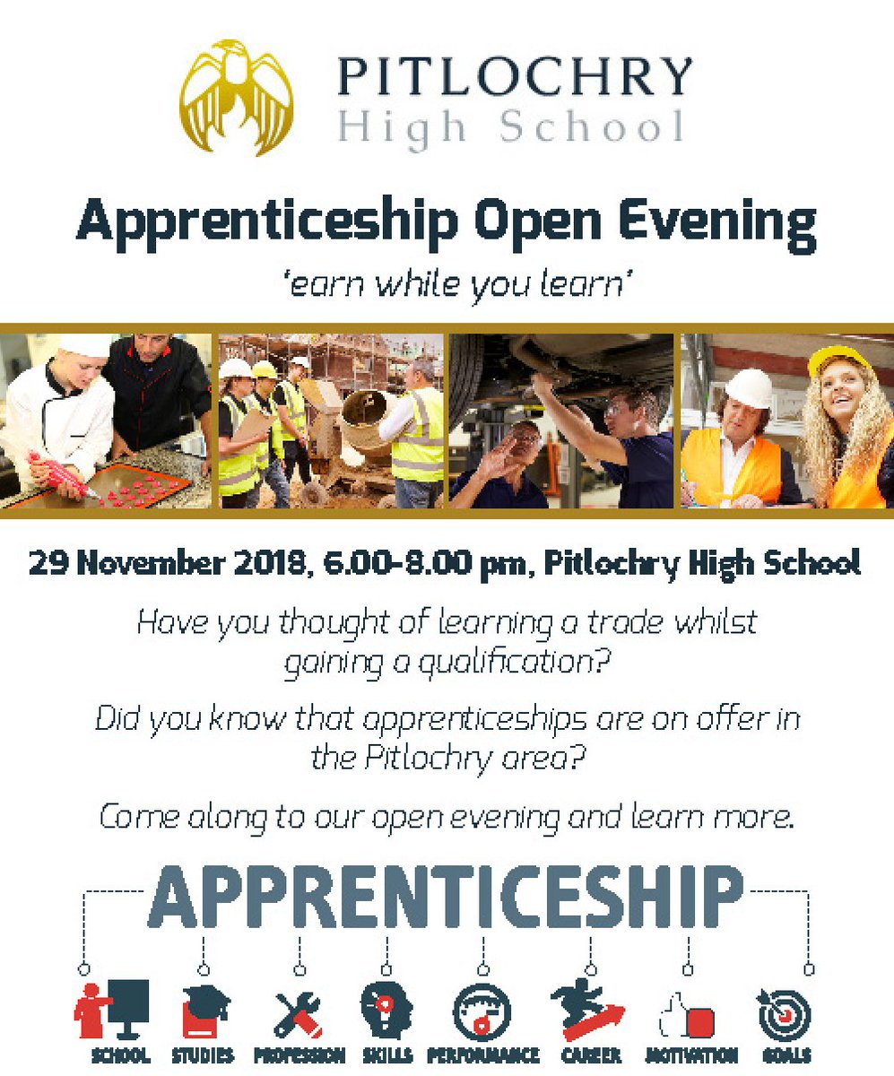 GA_Dundee's tweet photo. Joining @PitlochrySchool for their Apprenticeship Open Evening this Thursday 29th Nov and advising on how to get a degree and job at the same time #earnwhileyoulearn #graduateapprenticeships https://t.co/Ux0pOy2J0D