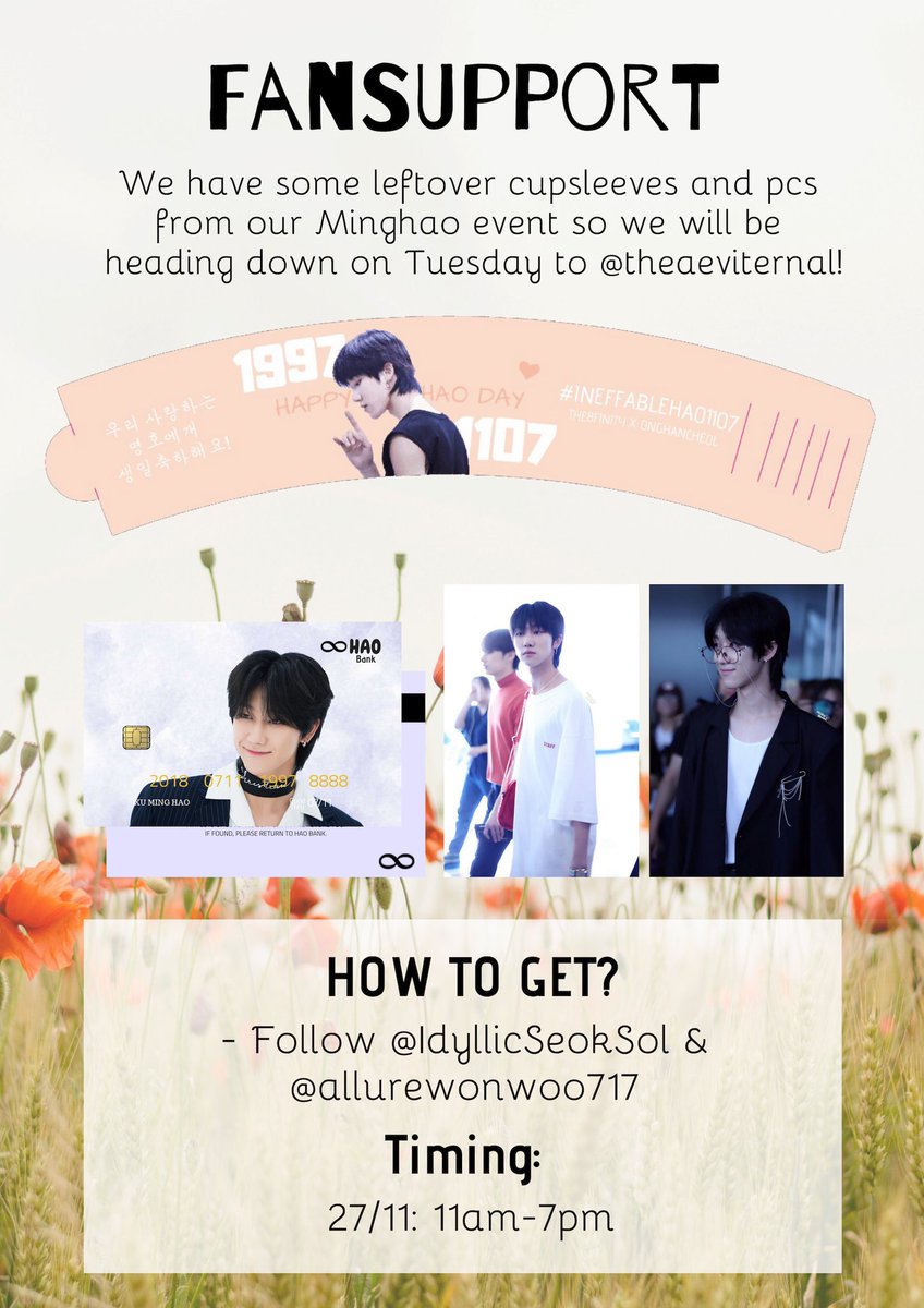 ineffablehao_97's tweet photo. We will continue to give out our cupsleeves at @theaeviternal tomorrow! Do come and collect them~💜

Follow @allurewonwoo717 AND @IdyllicSeokSol to get 2pcs, 1 cupsleeve &amp; a pvc card!

@wonnudaddy will be helping admins give out instead so do find her~

#INEFFABLEHAO1107 https://t.co/1oiCnJM3mj