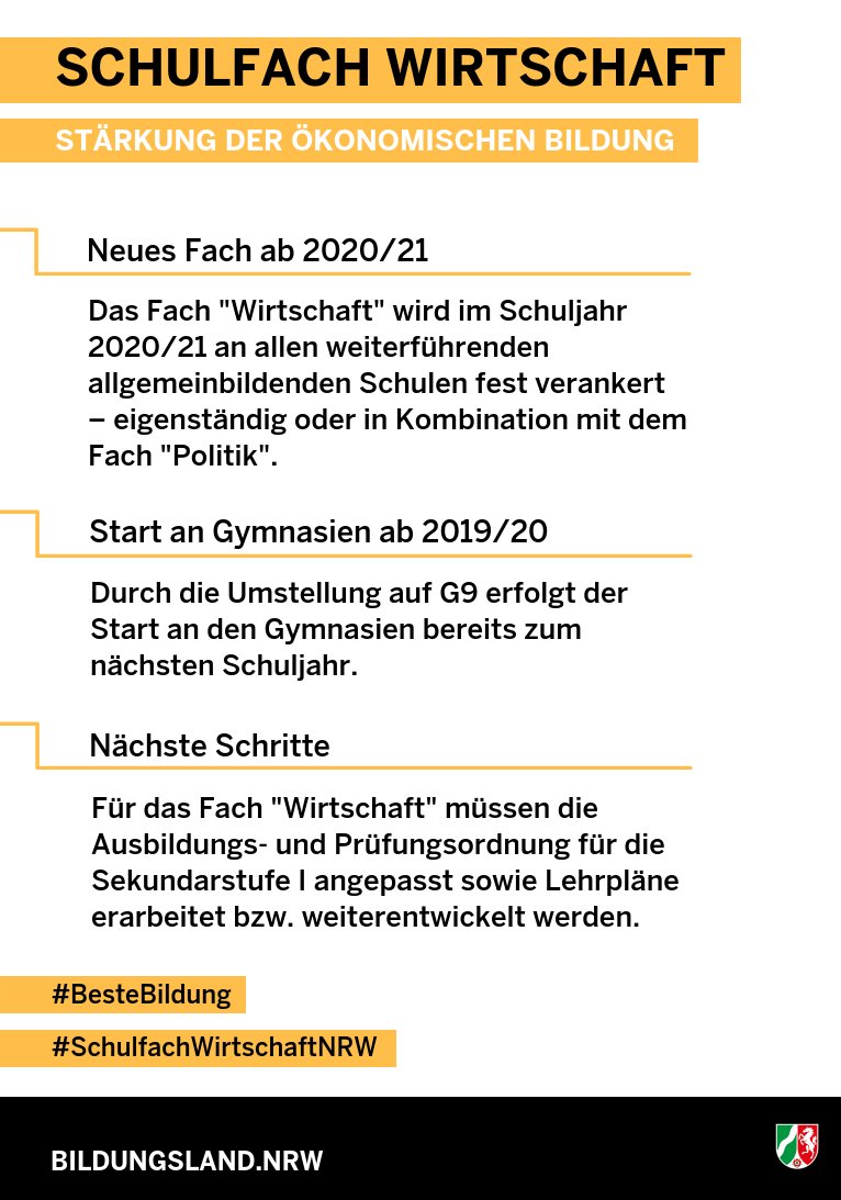 Das #SchulfachWirtschaft kommt! Schulministerin Yvonne Gebauer und  Staatssekretär Mathias Richter haben heute den Fahrplan zur Stärkung der  ökonomischen Bildung im #BildungslandNRW vorgestellt.