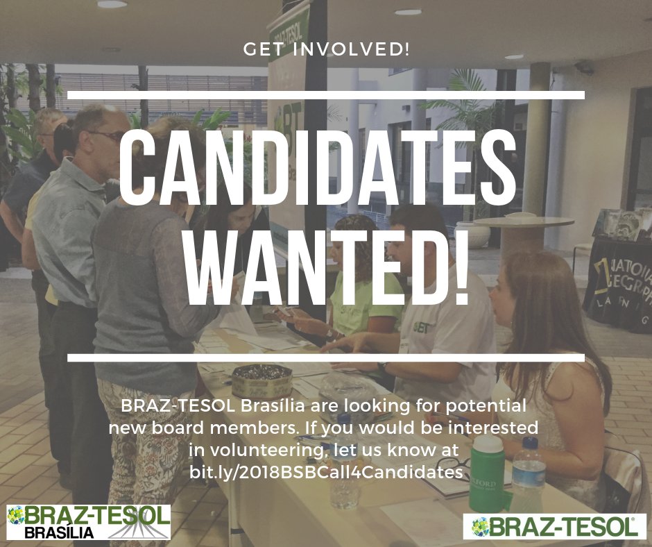 braztesolbsb's tweet photo. Do you want to get involved in BRAZ-TESOL Brasília? We are looking for willing volunteers for our board. If you're are interested, go to https://t.co/uYXSRTj4I4 and let us know! https://t.co/w0euhBiGdA