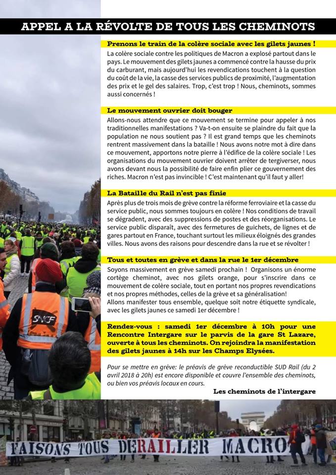 cVireTrain's tweet photo. 🚊🚉🔶Appel à la révolte de tous les #Cheminots
Ce samedi 1er décembre, tous et toutes en grève et dans la rue!
Prenons le train de la colère sociale avec les gilets jaunes!! ✊✊
RDV : samedi à 10h
Parvis de la #gare St Lazare pour une rencontre #intergare !!
Rejoignez-nous https://t.co/IFc9ucWYzT