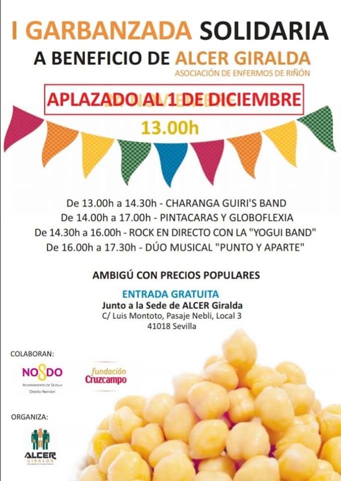 El próximo sábado 1 dic #GarbanzadaSolidaria de #ALCERGiralda, con actuaciones musicales en directo, ambigú  y animación infantil. Qué mejor plan?#alcer #donar #donacion #sevillaregalavida #sevilladonacion #donantes Estaremos colaborado por una buena causa #yoguiband
