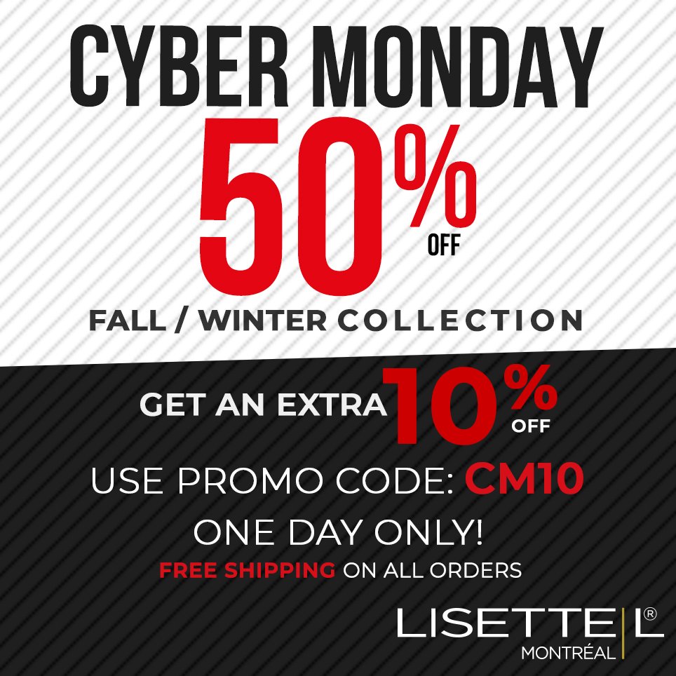 LisetteLStyle's tweet photo. Cyber Monday
50% off Fall/Winter Collection!
GET AN EXTRA 10% OFF
Use PROMO CODE : CM10
FREE SHIPPING ON ALL ORDERS
https://t.co/Xxr7Mz4rI9
….
#blackfriday #blackfridaydeal #lisette #lisettelmontreal #cybermonday #cyberlundi https://t.co/nwMCvCnxMn