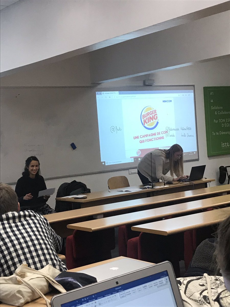 LehousselPierre's tweet photo. Aujourd’hui, conférence en cours de #RSISTC3A présentée par @fatimarkk et @lvcile concernant la stratégie de communication de @BurgerKing sur les réseaux sociaux. #BKCOM https://t.co/qEZqKedIJZ