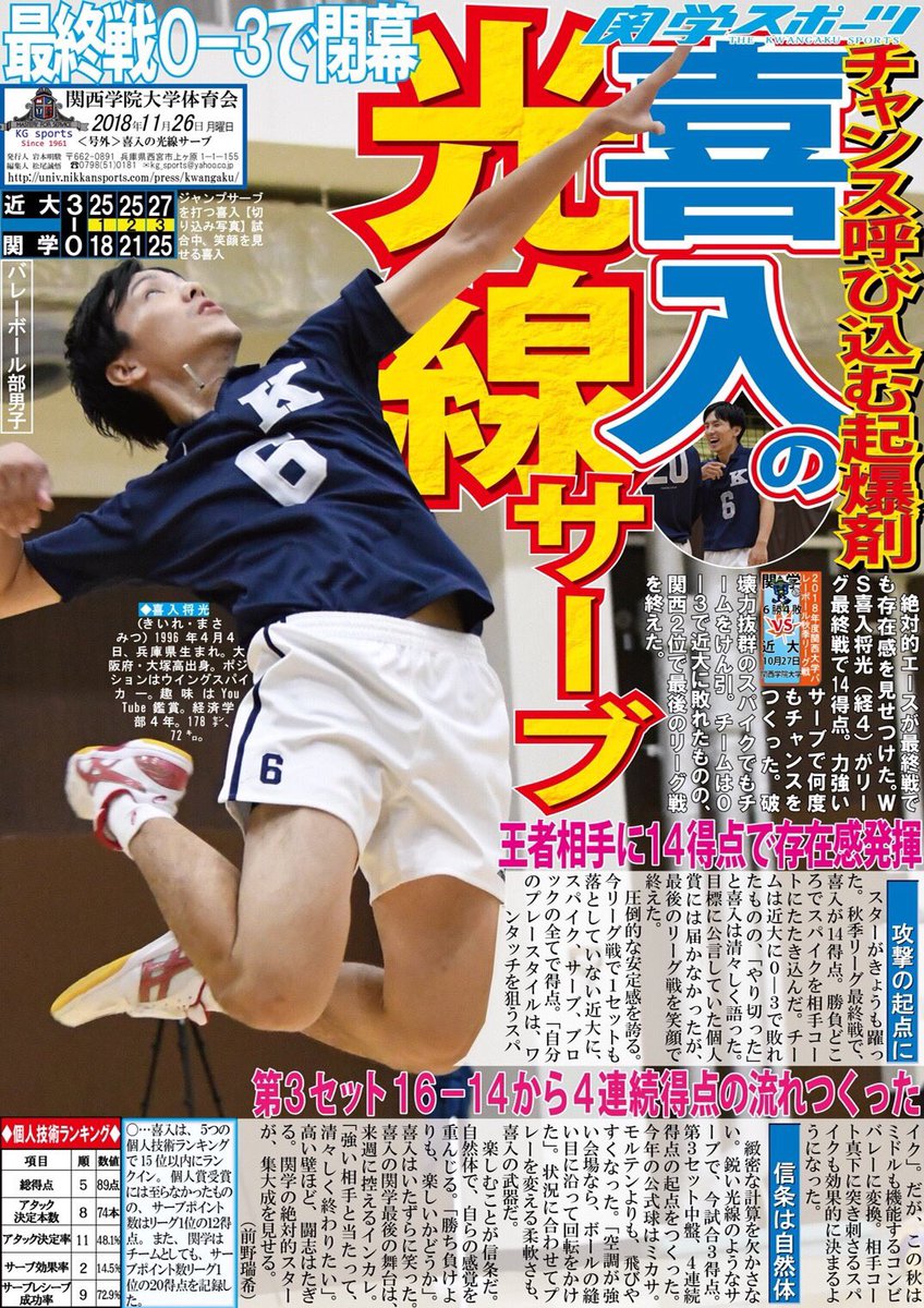 関学スポーツ編集部 على تويتر バレーボール部男子 2018年度関西大学バレーボール連盟秋季リーグ戦 第10戦 対近大 於 関西学院大学体育館 号外 喜入の光線サーブ ws喜入将光 経4 が秋季リーグ最終戦で 鋭いサーブでチャンスを呼び込んだ 関学スポーツ編集部 على تويتر バレーボール部男子 2018年度関西大学バレーボール連盟秋季リーグ戦 第10戦 対近大 於 関西学院大学体育館 号外 喜入の光線サーブ ws喜入将光 経4 が秋季リーグ最終戦で 鋭いサーブでチャンスを呼び込んだ