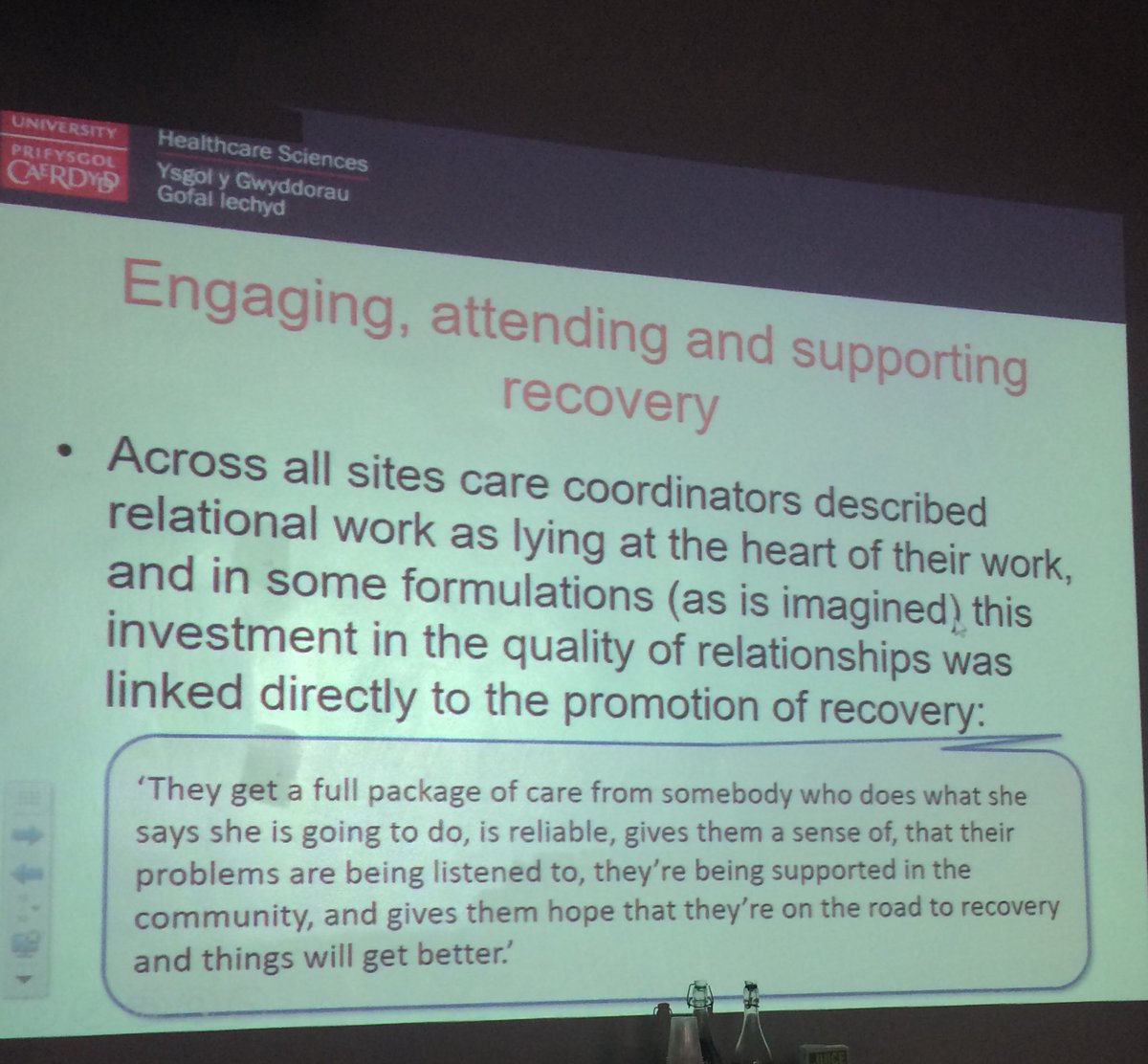 Sal_Barlow's tweet photo. @benhannigan talks about the relational work that is central to what care coordinators do in supporting recovery in mental health services @CityUniLondon @CityCMHR #COCAPP #CPAConf https://t.co/SsQkQmYzzi