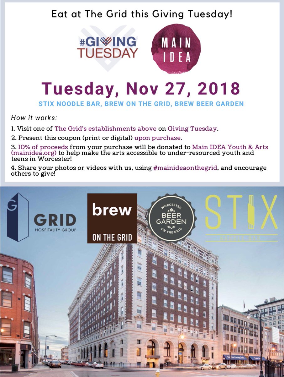 Tomorrow is the day! Stop in at <a href="/brewonthegrid/">Brew on the Grid</a> ☕️ <a href="/stixnoodlebar/">Stix Noodle Bar</a> 🍜 or #beergardenworcester 🍻 and SHOW THIS COUPON to help support Main IDEA this #givingtuesday 💙 10% of the proceeds will help us continue to power #worcester youth through the arts! 🎨