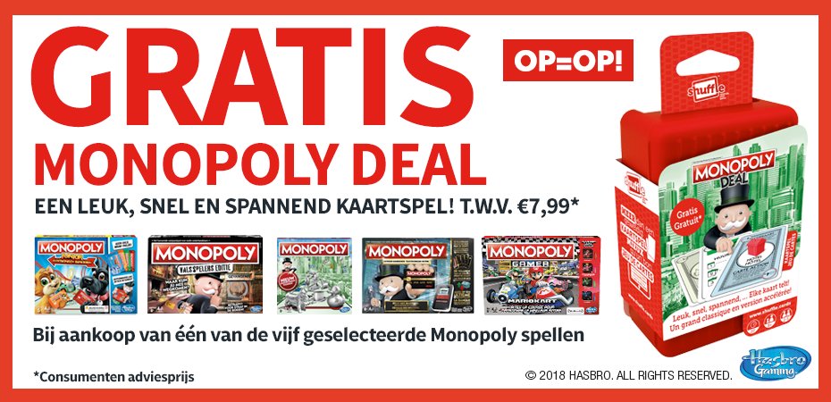 Wauw! Ontvang nu GRATIS Monopoly Deal, een leuk en spannend kaartspel bij aankoop van één van de geselecteerde Monopoly spellen! top1toys.nl/monopoly-deal