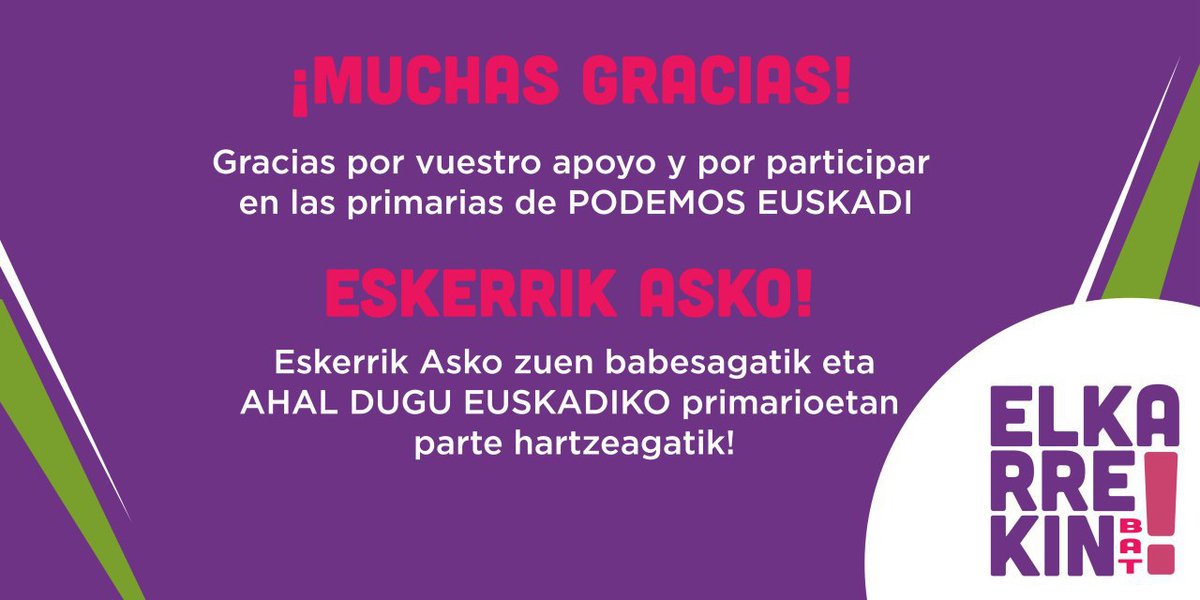 EGipuzkoaBat's tweet photo. Terminan las #Primarias! 
Desde #ElkarrekinBat Gipuzkoa queremos agradecer todo vuestro cariño y apoyo. 
Eskerrik Asko! ¡Muchas Gracias! #FelizLunes https://t.co/r7y7uO6irZ