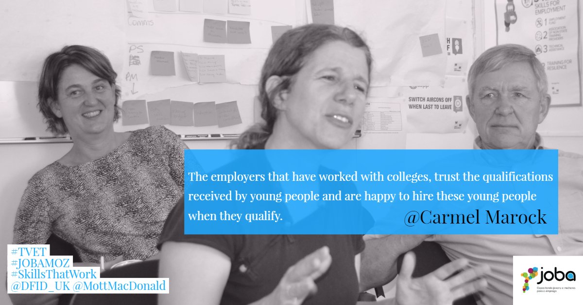 <a href="/JobaMoz/">Joba Moz</a>  #Employers envolviment in the #TVET #valueChain <a href="/RosieLugg1/">Rosie Lugg</a> <a href="/carmel37707857/">carmel</a> 
<a href="/YAdirectors/">Dorien Beurskens | Young Africa</a> 
<a href="/IPNACUXA/">IP Nacuxa</a> 
@beluluane 
<a href="/DFID_Moz/">DFID Mozambique</a>  <a href="/MottMacDonald/">Mott MacDonald</a> 
#SkillsThatWork