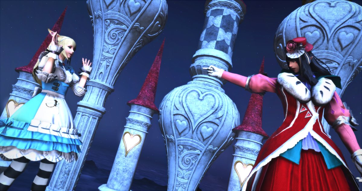 SuviFF14's tweet photo. Alice and the Queen of Hearts for #egidaily's theme #DunScaith
#ffxiv #ff14 #kujata #GPOSERS #gpose #ffxivsnaps #miqote #elezen https://t.co/S6dGcfdlbT